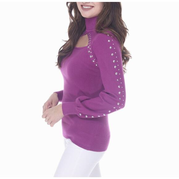 Women's Mock Neck Purple Sweater Studded Cutout Top Size S Black Rain+Rose NWT - Picture 2 of 5